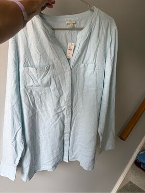 Talbot’s Long Sleeve Button Down Shirt Linen Blend Baby Blue Comfy Casual XL